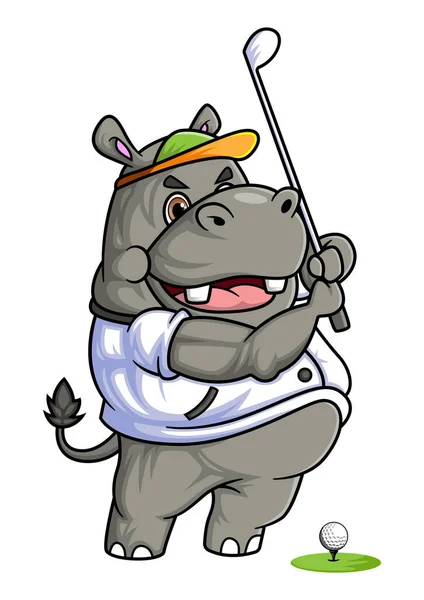 Feliz Bonito Hipopótamo Jogar Trem Golfe Ilustração — Vetor de Stock