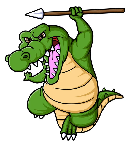 Angry Crocodile Cartoon Holding Spear Illustration — Stock Vector