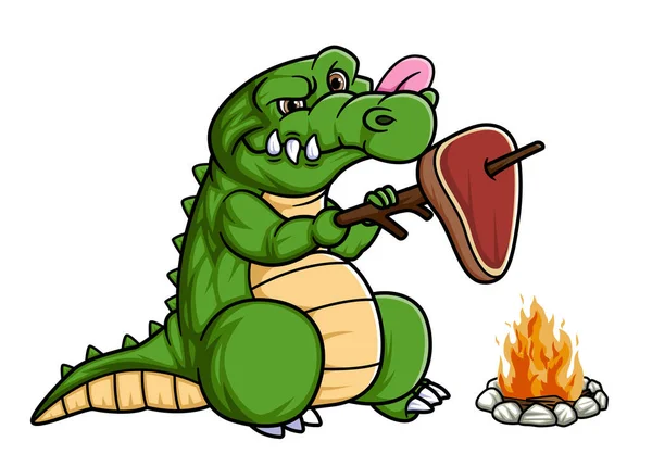 Cartoon Cute Crocodile Grilling Meat Fire Illustration — Stock Vector