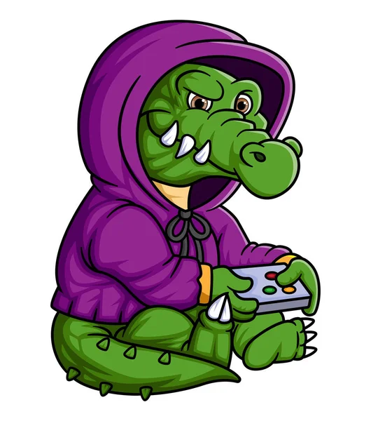 Krokodýlí Hraní Hry Ovladačem Kreslený Znak Ilustrace — Stockový vektor