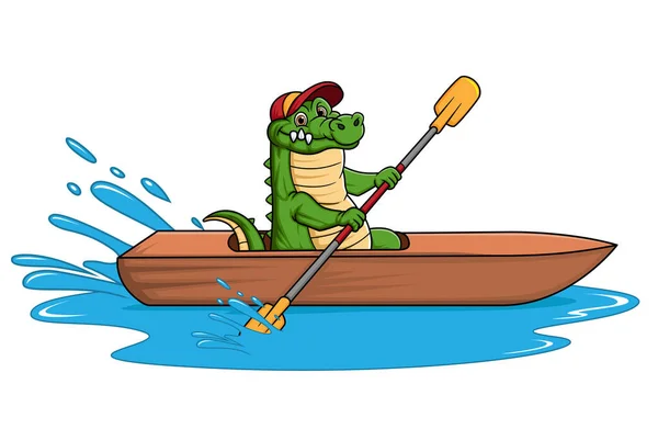 Crocodilo Desenho Animado Bonito Remo Barco Madeira Ilustração — Vetor de Stock