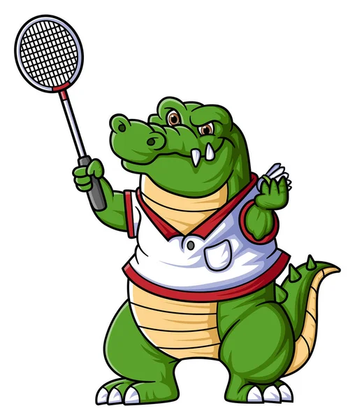 Cool Crocodile Playing Badminton Cartoon Character Illustration — Stock Vector