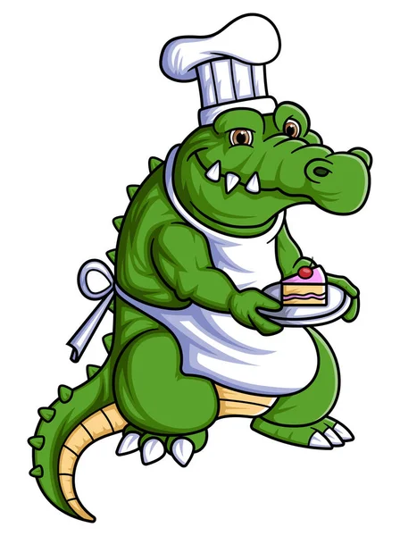 Fuerte Cocodrilo Chef Mascota Personaje Dibujos Animados Con Pastel Ilustración — Archivo Imágenes Vectoriales