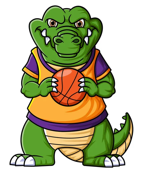 Sport Funny Crocodile Playing Basketball Illustration — Stock Vector