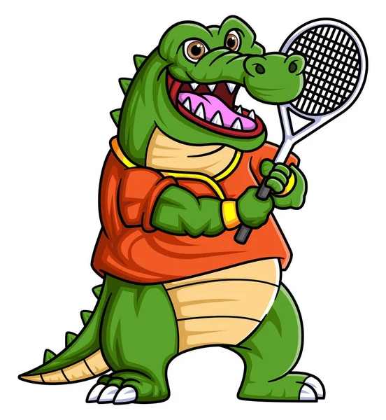 スポーツ面白いワニがイラストのテニスをする — ストックベクタ