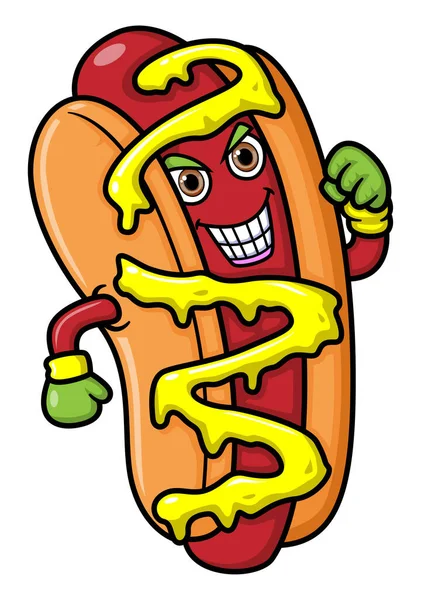 Cartone Animato Divertente Hot Dog Personaggio Della Mascotte Illustrazione — Vettoriale Stock