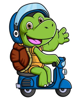 İllüstrasyon kaskı takan klasik scooter süren kaplumbağa.
