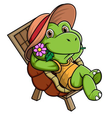 Plaj sandalyesinde oturan karikatür kaplumbağası ve resimli bir çiçek.