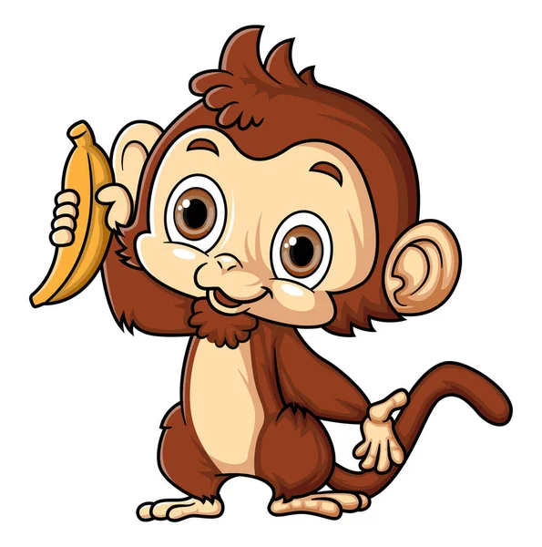 Cute Little Monkey Holding Banana Illustration — Stock Vector