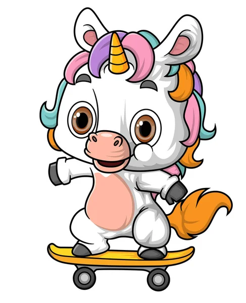 Cartoon Rainbow Unicorn Playing Skateboard Illustration — Stock Vector