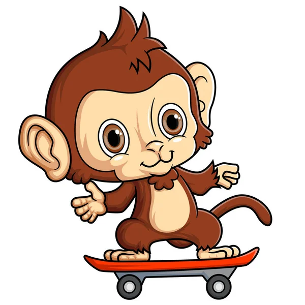 Lindo Pequeño Mono Jugando Monopatín Ilustración — Vector de stock