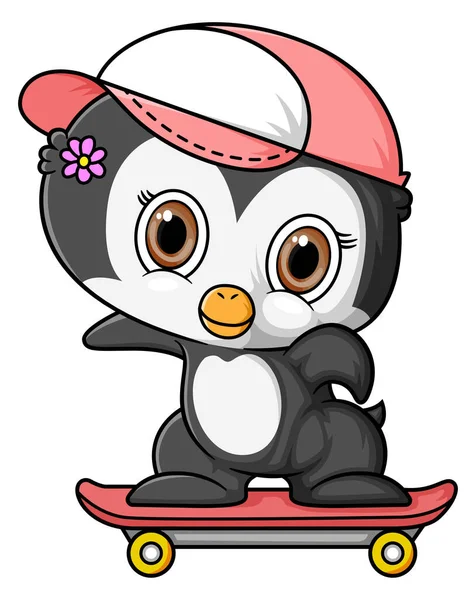 Dibujos Animados Pequeño Pingüino Jugando Monopatín Ilustración — Vector de stock