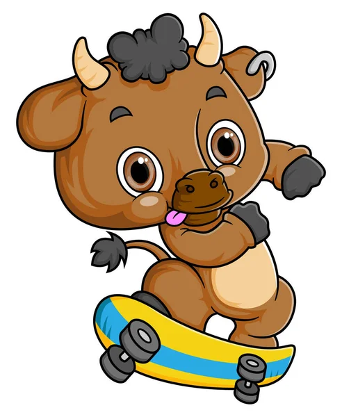 Cartoon Kleiner Büffel Spielt Skateboard Auf Weißem Hintergrund Der Illustration — Stockvektor