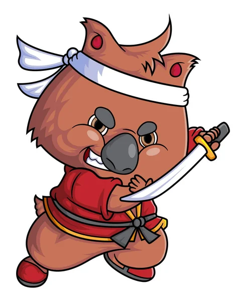 Cartoon Cute Quokka Fighter Holding Sword Illustration — Stock Vector