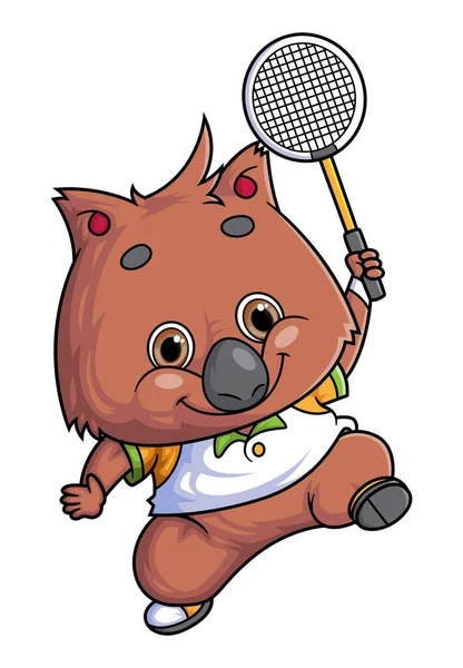 Cartoon Niedlichen Quokka Charakter Badminton Spielen Auf Weißem Hintergrund Der — Stockvektor