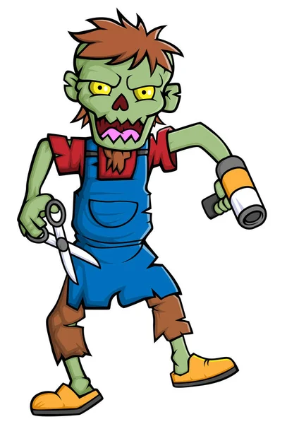 Spooky Zombie Barber Cartoon Character White Background Illustration — Stock Vector