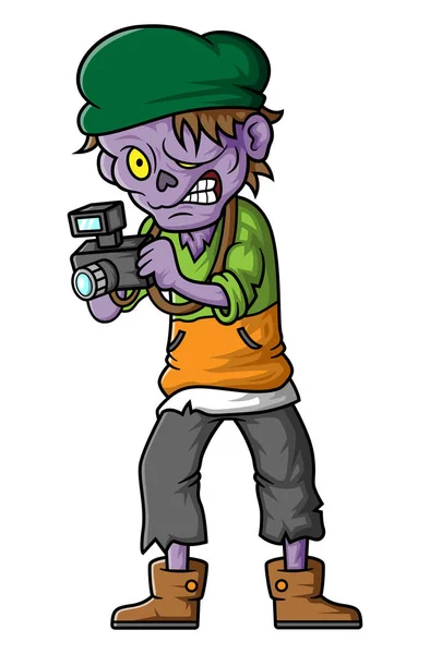 Spooky Zombie Photographer Cartoon Character White Background Illustration — Stock Vector