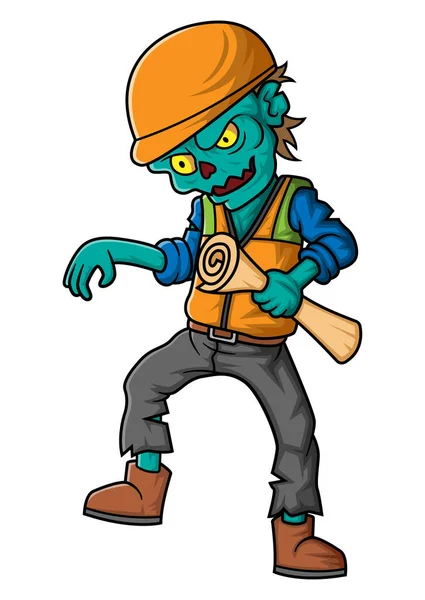 Spooky Zombie Architect Cartoon Character White Background Illustration — Stock Vector