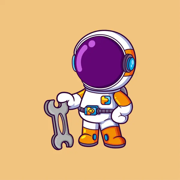 Nette Astronaut Cartoon Figur Hält Schraubenschlüssel Der Illustration — Stockvektor