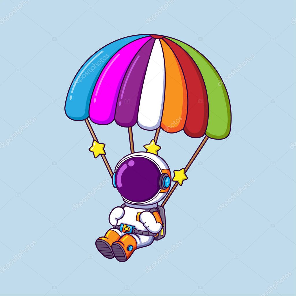 Astronaut cartoon character skydiving and parachuting in the sky of illustration