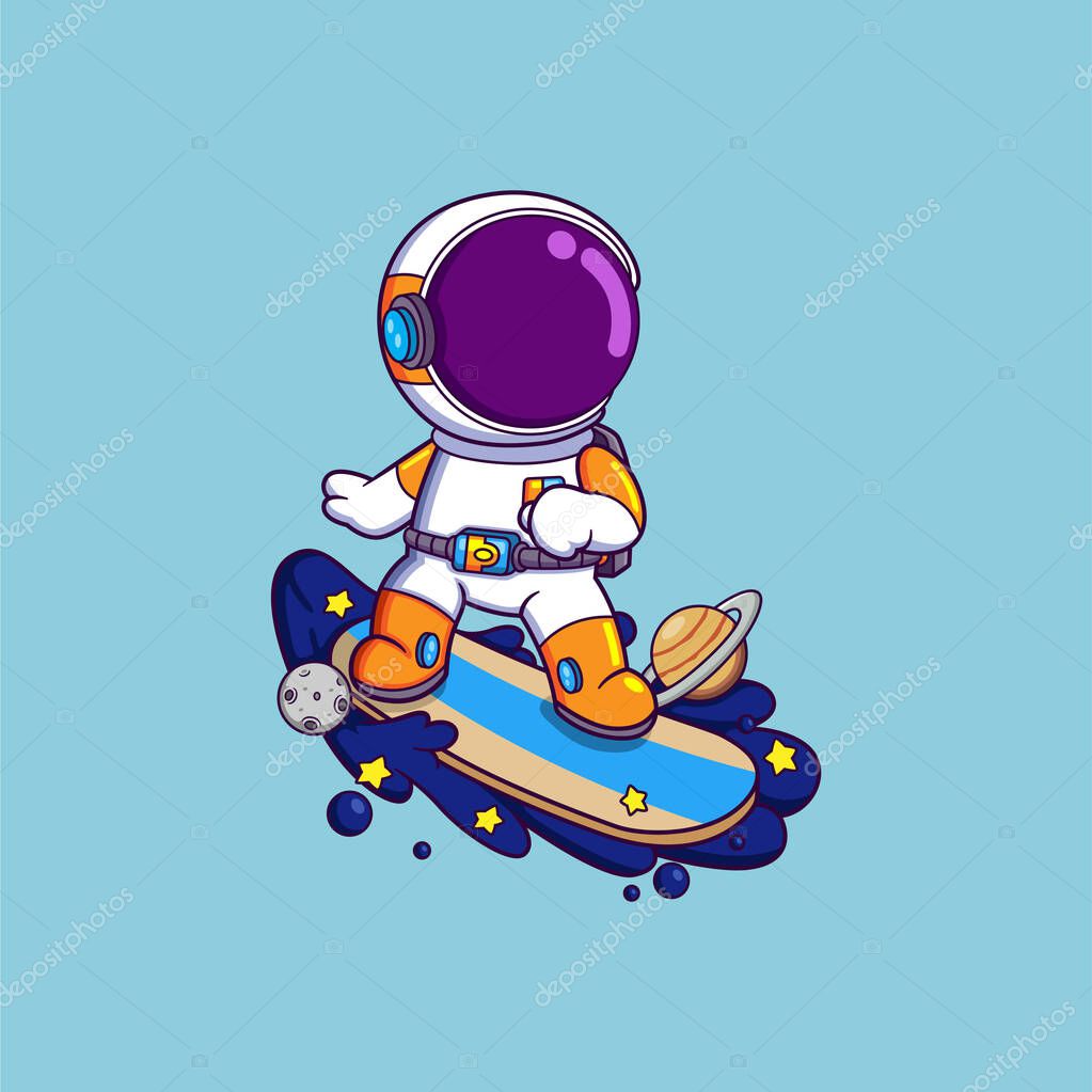 Astronauts surf on a surfboard in space with planets and ocean waves of illustration