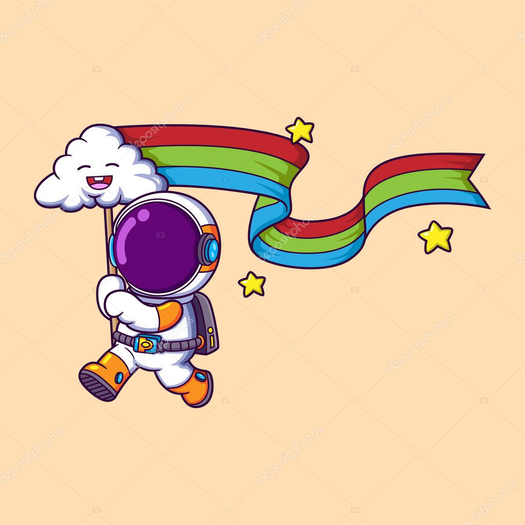 Astronaut cartoon character playing cloud and rainbow of illustration