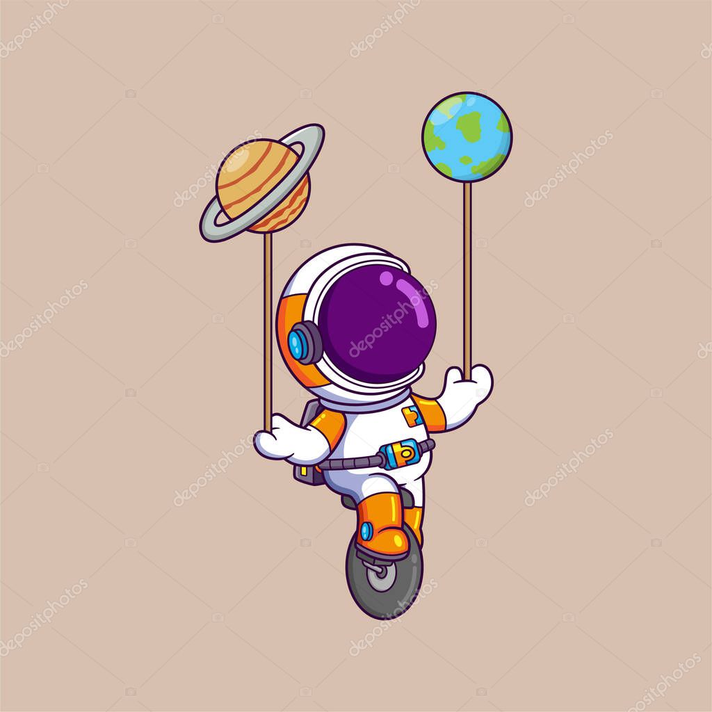 Cute Astronaut With Unicycle Bike And Planets Cartoon character of illustration