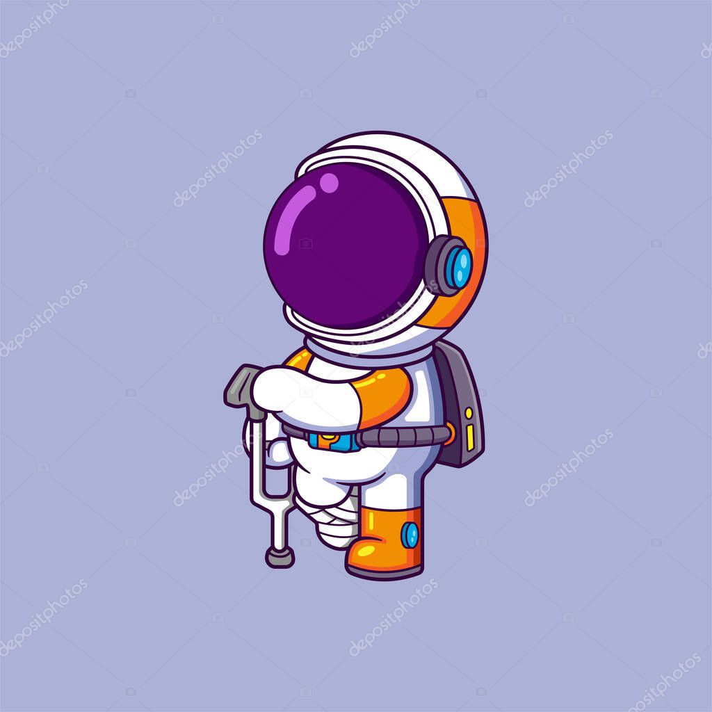 Cute Astronaut Sick Using Crutch Walking Stick Cartoon character of illustration