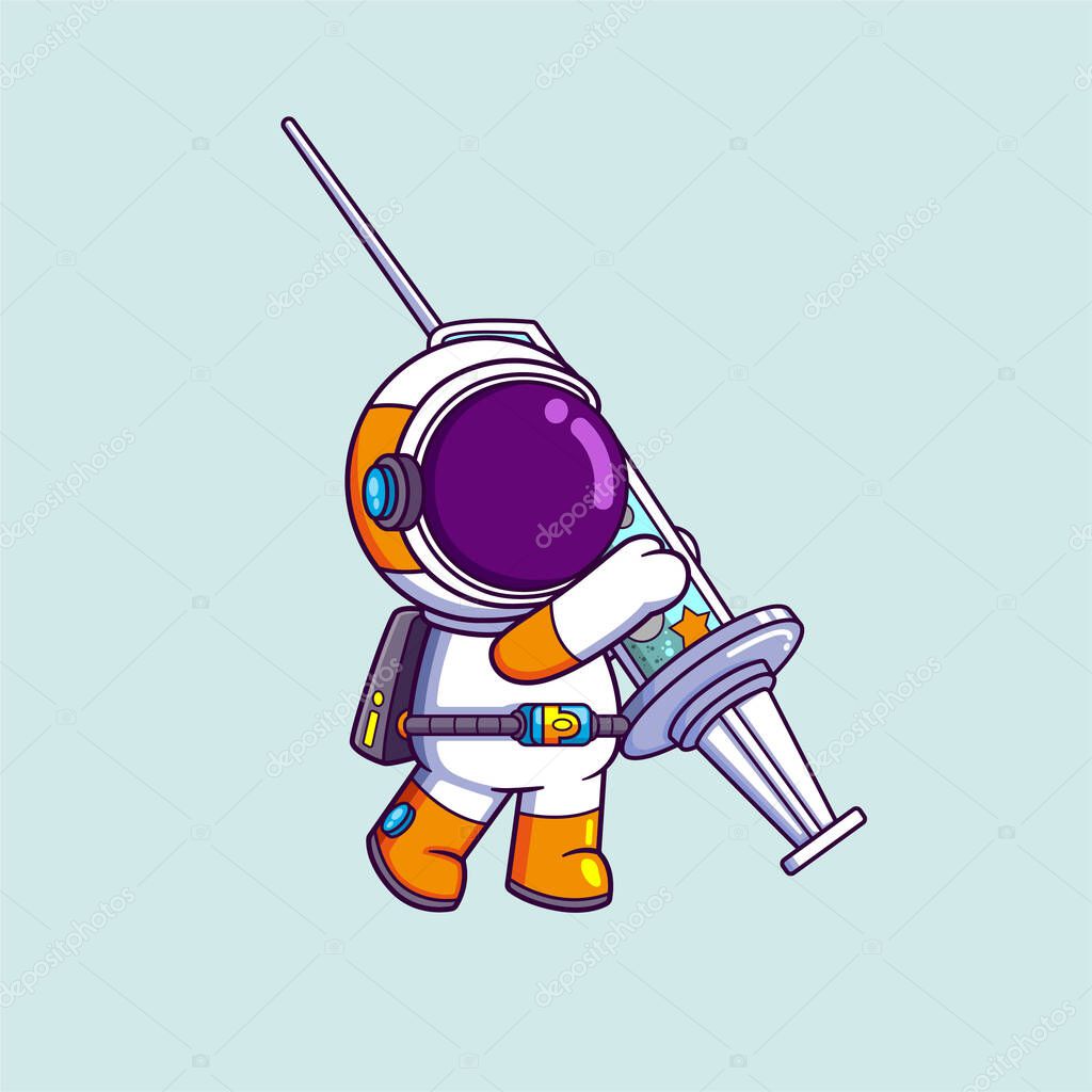 Cute Astronaut holding big syringe Cartoon character of illustration