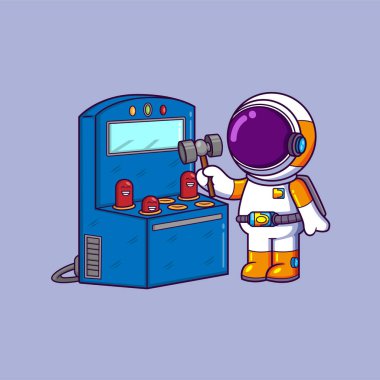 Tatlı astronot atari makinesini çekiçle vuruyor. Bilim sporu illüstrasyon simgesi kavramı