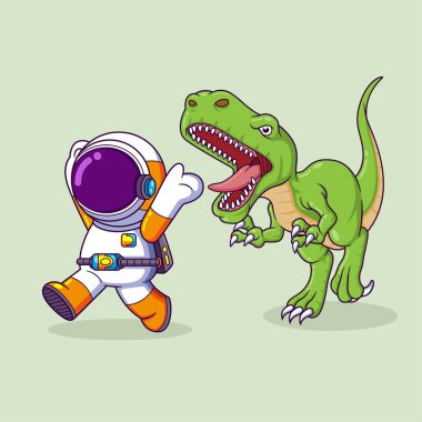 Astronot resimli bir dinozor çizgi film karakterinden kaçıyor.