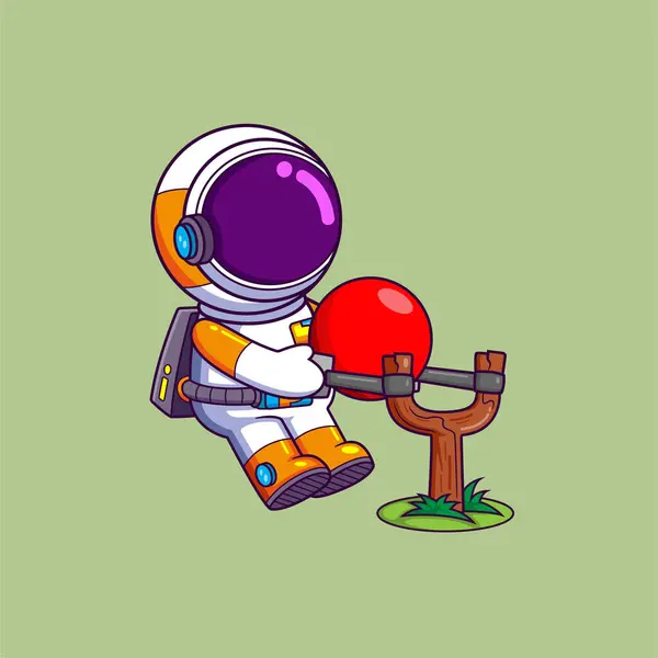Cute Astronaut Playing Large Slingshot Science Technology Icon Concept Illustration — Stock Vector