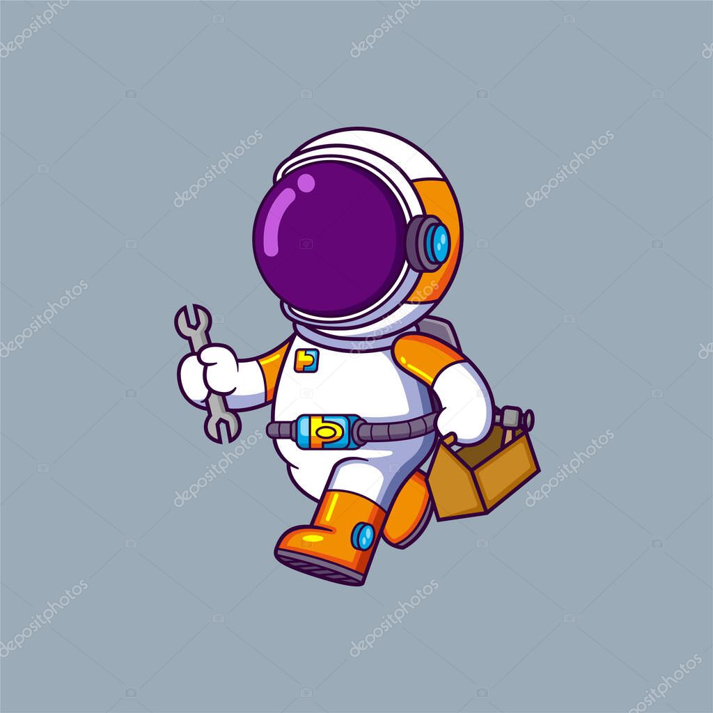 Cute Astronaut holding spanner and tool box. Science Technology Icon Concept of illustration