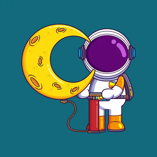 Roztomilý Astronaut Čerpadla Balónku Měsíc Kreslený Postava Ilustrace — Stockový vektor