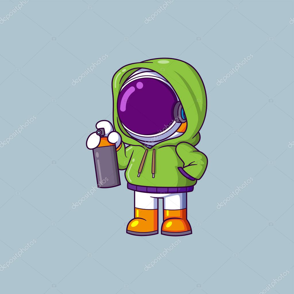 Astronaut wearing hoodie jacket and holding a Spray Paint Can cartoon character of illustration