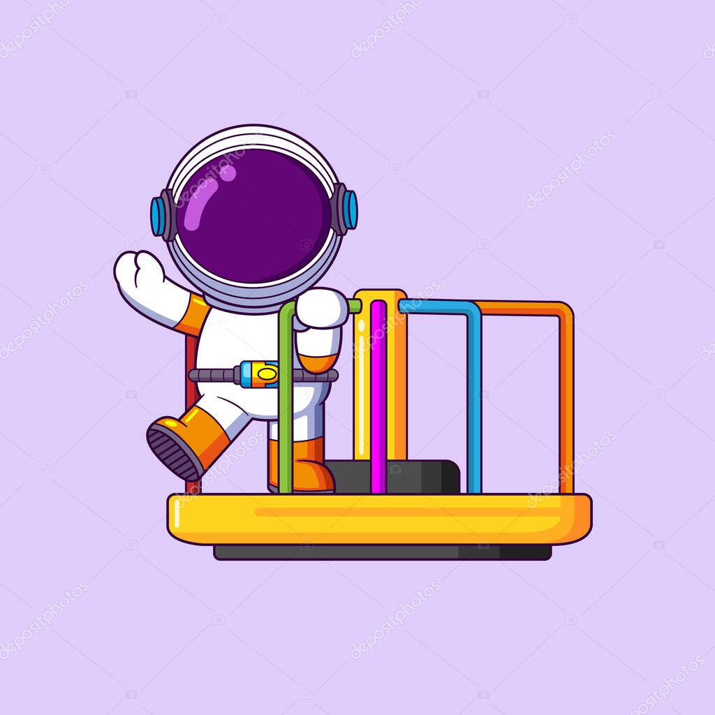 Cute astronaut playing roundabout cartoon character of illustration