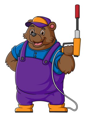 Araba yıkama için ayı çizgi film maskotu elinde yüksek basınçlı çamaşır makinesi var.