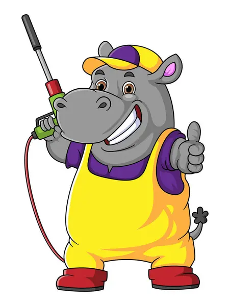 Uma Mascote Desenho Animado Hipopótamo Para Lavagem Carros Segurando Uma — Vetor de Stock