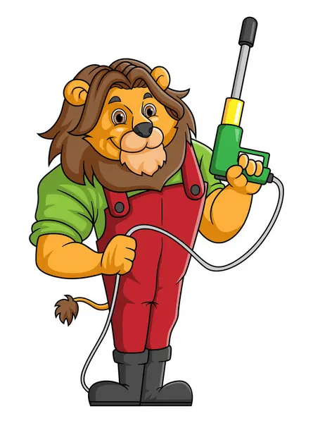 Ein Löwe Cartoon Maskottchen Für Autowäsche Hält Eine Hochdruckreiniger Pistole — Stockvektor