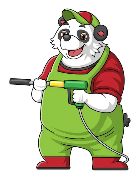 一只大熊猫卡通吉祥物 用于洗车 车上装有高压洗衣机枪喷射喷射器 矢量图形