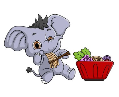 Şirin Fil, yemek çubuğuyla makarna yiyor.