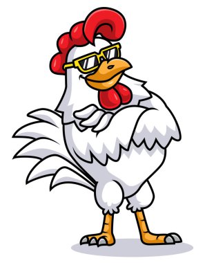 Tavuk horozu horoz horozu çizgi film karakteri. Serin güneş gözlüklü, resimli.