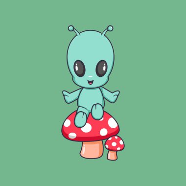 Büyük mantar karikatür vektörü ikon resimlerinin üzerinde oturan sevimli uzaylı. Sahne Doğası Simgesi İzole edilmiş Premium Vektörü.