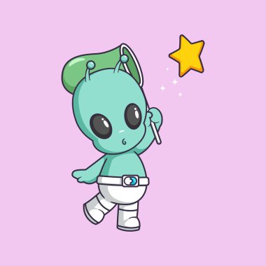 Çizgi film yıldızı ikon resimlerini yakalamak için böcek ağı taşıyan sevimli bir uzaylı. Simge Kavramı Oynayan Görüntü İzole edilmiş Premium Vektörü