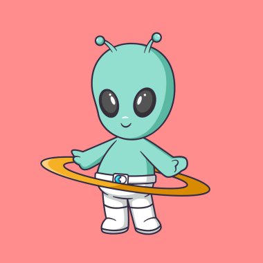 Tatlı uzaylı, mutlu bir çizgi film kahramanı ikonu çizerek hula hoop oynuyor. Sahne Sporu Simgesi İzole edilmiş Premium Vektörü