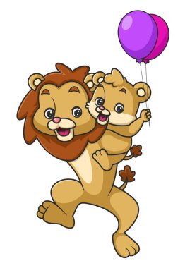 Büyük aslan küçük aslanı tutuyor ve resimli balonlarla oynuyor.