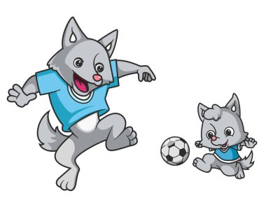 Yavru kurtla birlikte büyük bir kurt resimli futbol oynuyor.