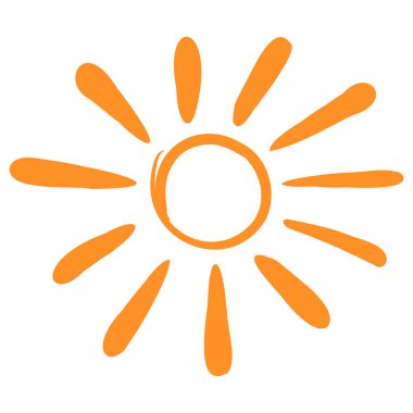 Güneşin renkli çizimi. Yaz sembolünün el çizimi simgesi. Biçimlendirilmiş güneş düz vektör çizimi.