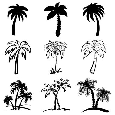 Palmiye ağaçlarının soyut çizimleri. Koleksiyon, tropikal ağaçları şekillendirdi. Elle çizilmiş egzotik bir orman. Vektör illüstrasyonu.