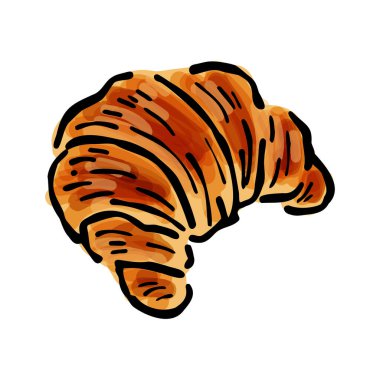Taslak şeklinde çizilmiş kruvasan. Taze Fransız çöreği çizimi. Kahvaltı pastası. Tatlı, lezzetli pişmiş yemek. Vektör illüstrasyonu.
